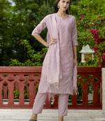 Vredevogel women's chanderi modal butti kurta pant set with embroidered dupatta