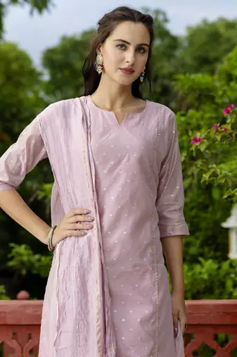 Vredevogel women's chanderi modal butti kurta pant set with embroidered dupatta