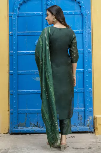 Vredevogel women's chanderi modal butti kurta pant set with embroidered dupatta