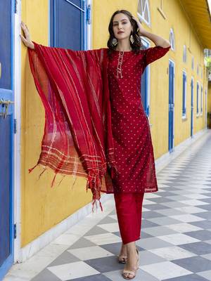 Vredevogel women's chanderi modal butti kurta pant set with embroidered dupatta 1