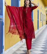 Vredevogel women's chanderi modal butti kurta pant set with embroidered dupatta