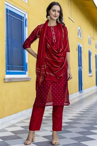 Vredevogel women's chanderi modal butti kurta pant set with embroidered dupatta