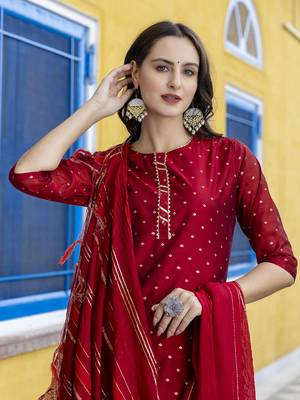 Vredevogel women's chanderi modal butti kurta pant set with embroidered dupatta 3