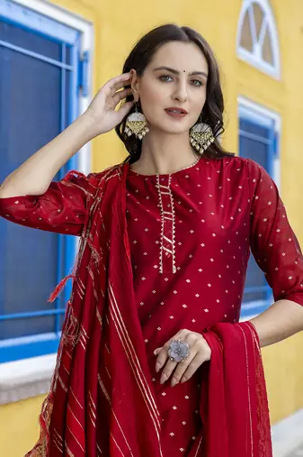 Vredevogel women's chanderi modal butti kurta pant set with embroidered dupatta