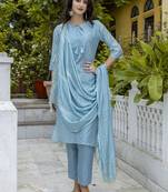 Vredevogel women's chanderi modal butti kurta pant set with embroidered dupatta