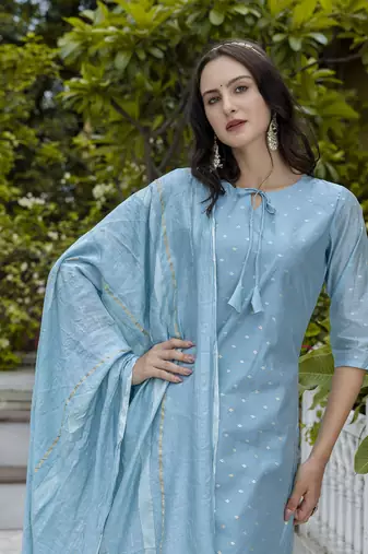 Vredevogel women's chanderi modal butti kurta pant set with embroidered dupatta