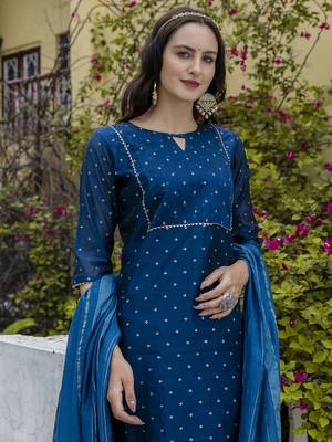 Vredevogel women's chanderi modal butti kurta pant set with embroidered dupatta 3