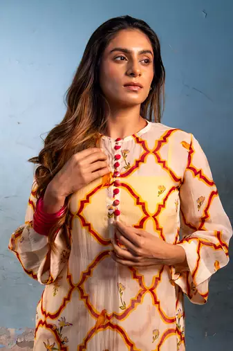 Milk yellow organza kurta set
