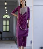 Vredevogel women's silk blend kurta & trouser pant set with nazmin lace border design dupatta