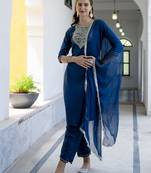 Vredevogel women's silk blend kurta & trouser pant set with nazmin lace border design dupatta