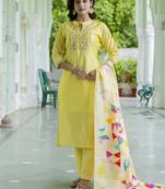 Vredevogel women's chanderi modal embroidered kurta with pant & art silk dupatta set