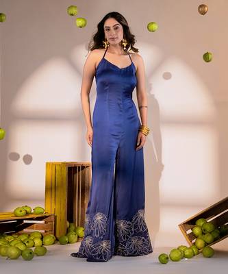 Purple  satin hand embroidery jumpsuits 1