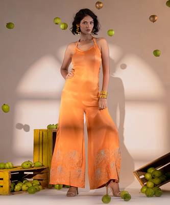 Rust orange satin hand embroidery jumpsuits 2