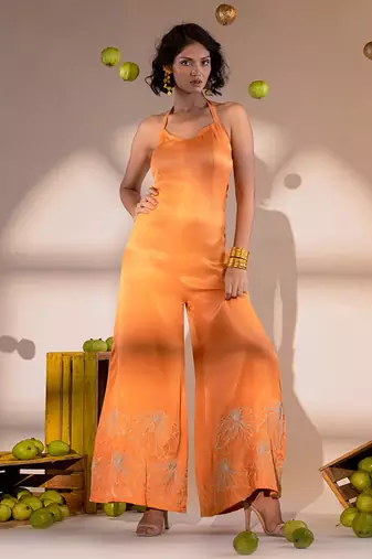 Rust orange satin hand embroidery jumpsuits
