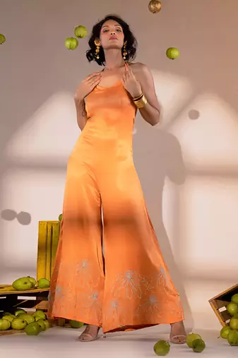 Rust orange satin hand embroidery jumpsuits