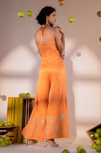 Rust orange satin hand embroidery jumpsuits