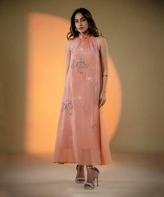 Peach organza hand embroidery dresses 1