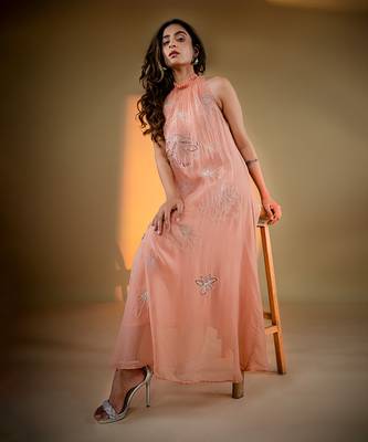 Peach organza hand embroidery dresses 2