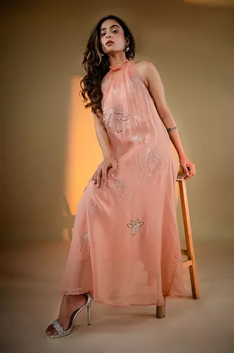 Peach organza hand embroidery dresses