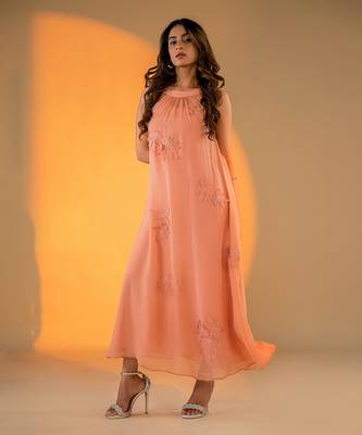 Peach organza hand embroidery dresses 1