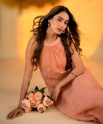 Peach organza hand embroidery dresses 2
