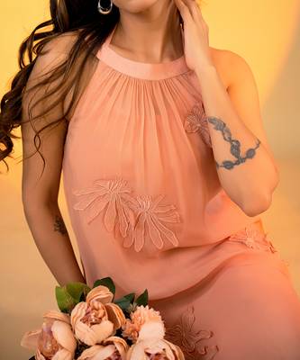 Peach organza hand embroidery dresses 3