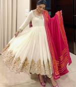 Off White Colour Party Wear Heavy Embroidery Work Gown Pant Dupatta Set
