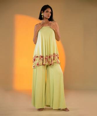Pistachio sleeveless kurta set with embroidery & sharara 1