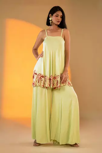 Pistachio sleeveless kurta set with embroidery & sharara