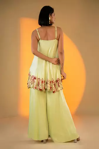 Pistachio sleeveless kurta set with embroidery & sharara