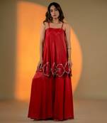 Red sleeveless kurta set with embroidery & sharara