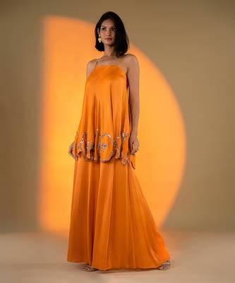 Rust orange sleeveless kurta set with embroidery & sharara 1