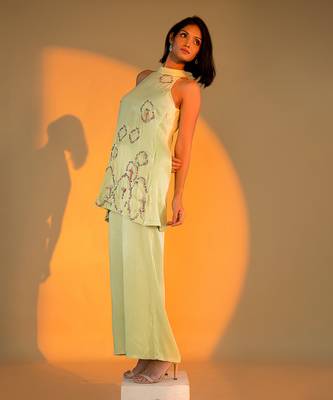 Pistachio halter neck kurta set with hand embroidery 1