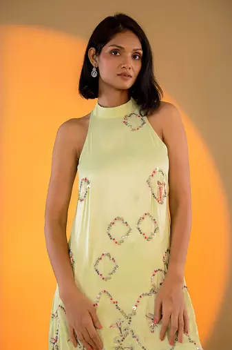 Pistachio halter neck kurta set with hand embroidery