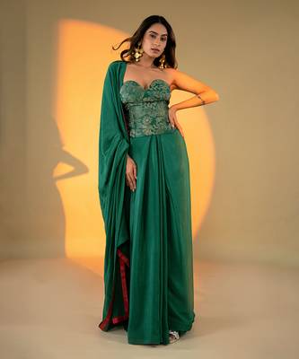Green Satin Plain Readymade Saree with Embroidered Blouse 1