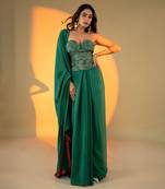 Green Satin Plain Readymade Saree with Embroidered Blouse