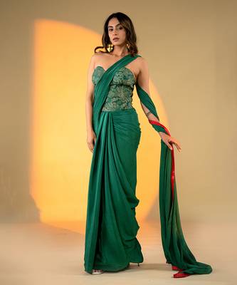 Green Satin Plain Readymade Saree with Embroidered Blouse 2