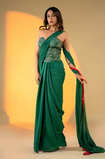 Green Satin Plain Readymade Saree with Embroidered Blouse