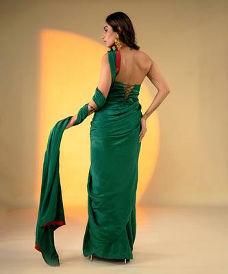Green Satin Plain Readymade Saree with Embroidered Blouse 4