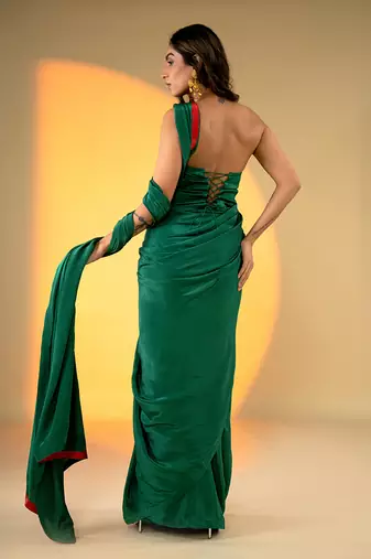 Green Satin Plain Readymade Saree with Embroidered Blouse