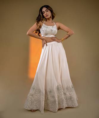 Off-White hand embroidery Satin Lehenga Set 1