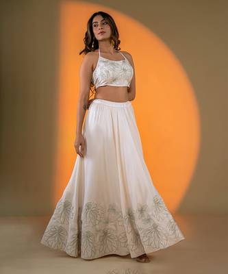 Off-White hand embroidery Satin Lehenga Set 2