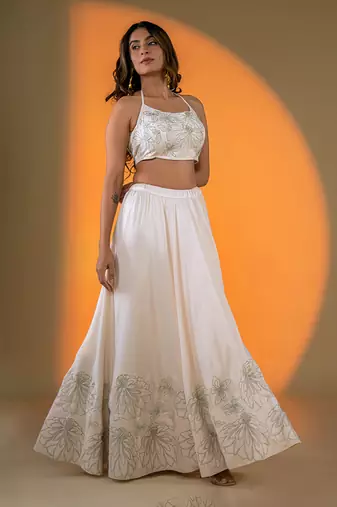 Off-White hand embroidery Satin Lehenga Set