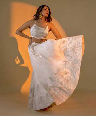 Off-White hand embroidery Satin Lehenga Set 3