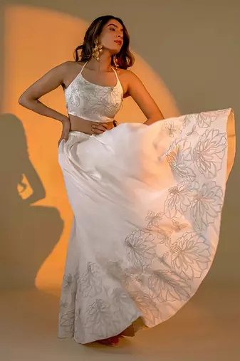 Off-White hand embroidery Satin Lehenga Set
