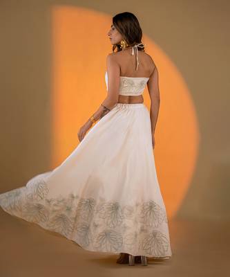 Off-White hand embroidery Satin Lehenga Set 4