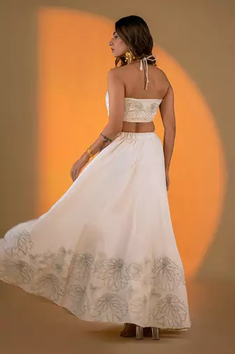 Off-White hand embroidery Satin Lehenga Set