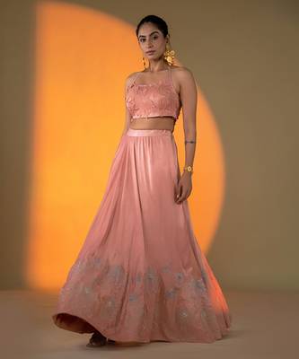 Peach hand embroidery Satin Lehenga Set 1