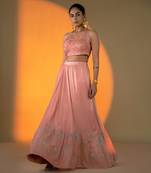 Peach hand embroidery Satin Lehenga Set
