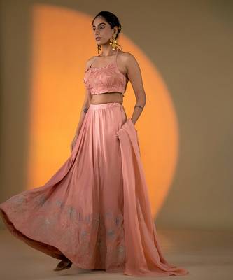 Peach hand embroidery Satin Lehenga Set 2